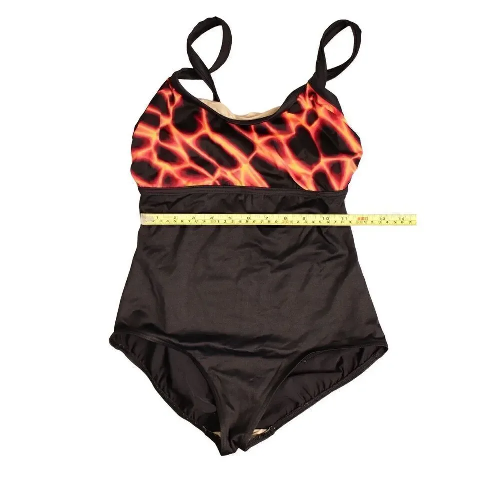 A & H Sportswear On Fire Black‎ Tank 1pc Swimsuit Built in Bra sz MEDIUM (8-10)